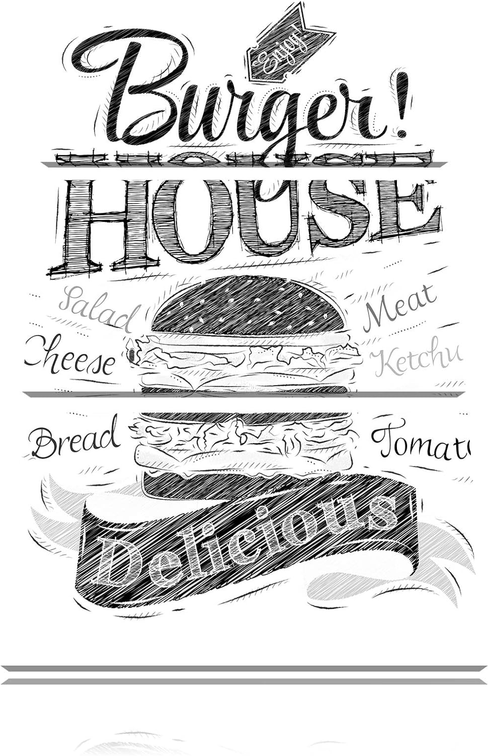 Pixxprint Burger House / 3-Teilig/Gesamtmass 120cm Leinwandbild bespannt auf Holzrahmen/Wandbild Kun