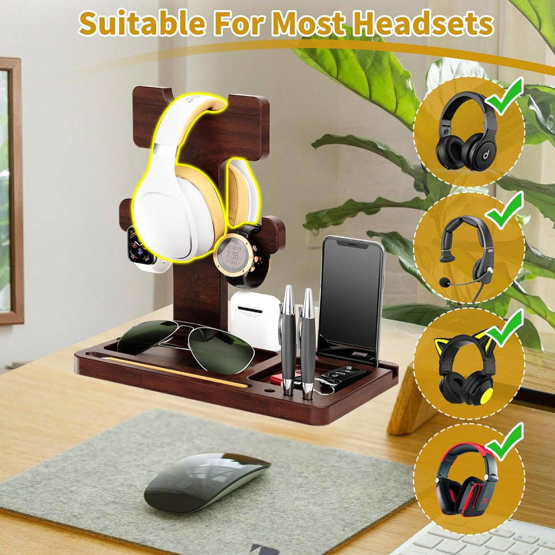 Kopfhörerständer für Schreibtisch, Gaming-Headset-Ständer, Holz-Headset-Halter mit multifunktionaler