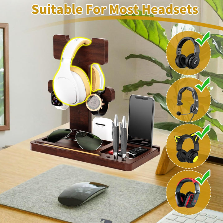 Kopfhörerständer für Schreibtisch, Gaming-Headset-Ständer, Holz-Headset-Halter mit multifunktionaler