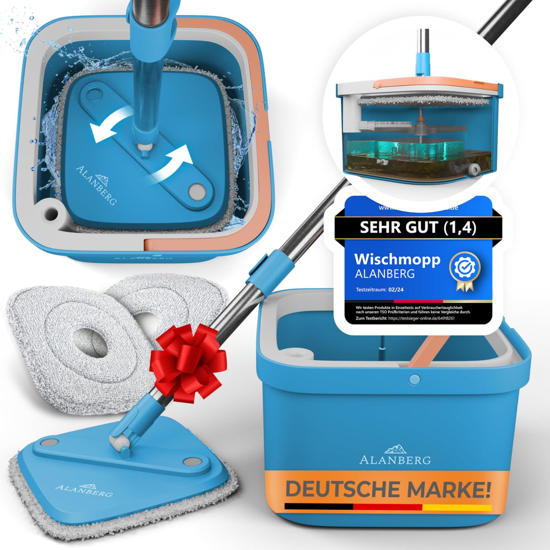 ALANBERG Wischmopp Set mit Eimer, Flacher Bodenwischer, 2 Kammern, Blau Wischmopp Set - Blau, Wischm