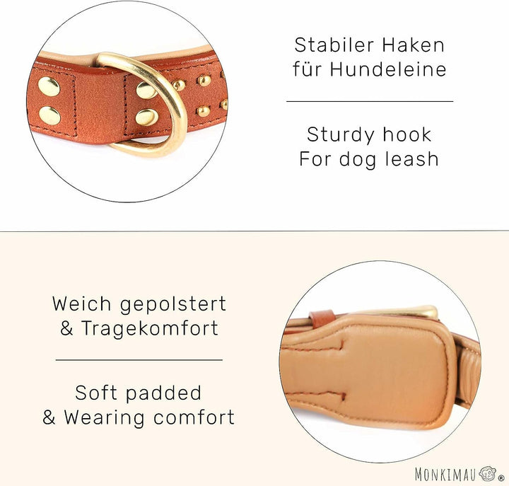 Monkimau Halsband für Hunde aus echt Leder mit Nieten gepolstert verstellbar M 35-40 cm S-M: 35mm x