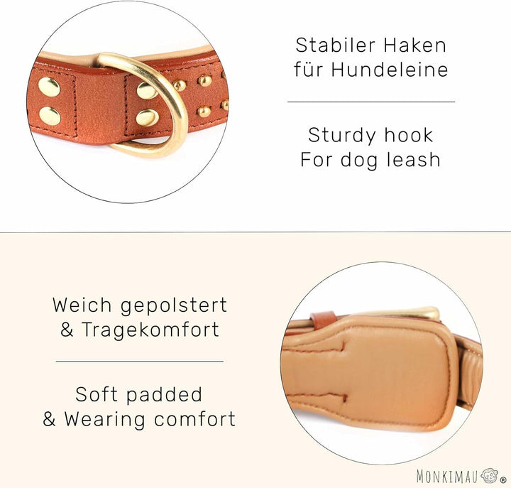 Monkimau Halsband für Hunde aus echt Leder mit Nieten gepolstert verstellbar L 41-50 cm M-L: 35mm x