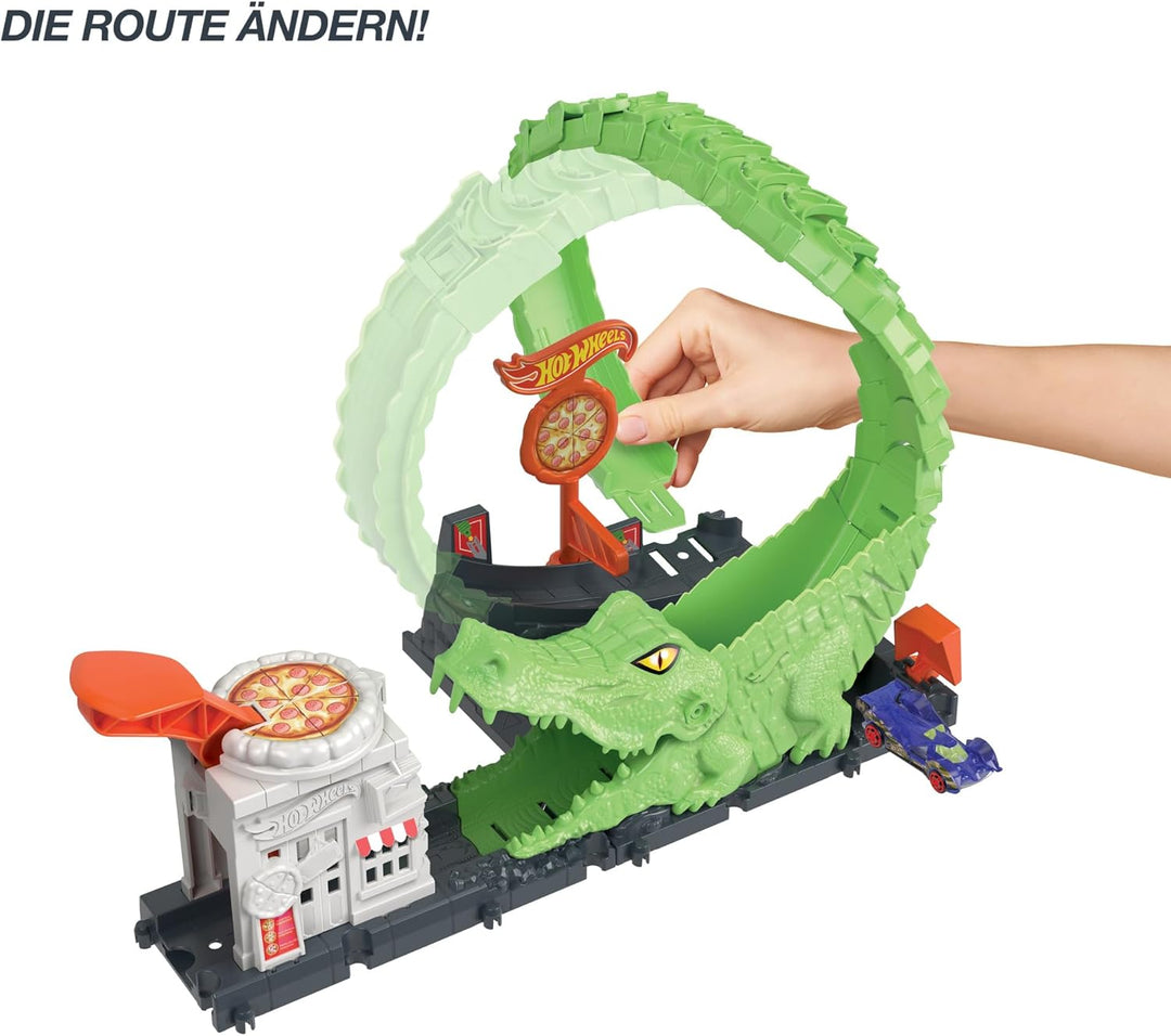 Hot Wheels Spielset Krokodilangriff - Rennbahn, Looping, Spirale, Verstellbarer Schwanz, Pizzeria-De