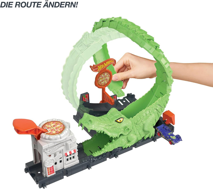 Hot Wheels Spielset Krokodilangriff - Rennbahn, Looping, Spirale, Verstellbarer Schwanz, Pizzeria-De