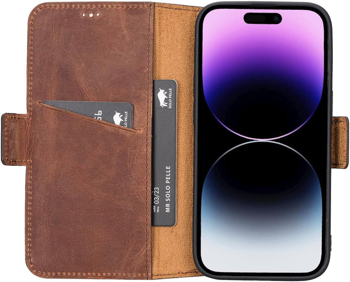 Solo Pelle aufklappbare Lederhülle kompatibel für iPhone 14 Pro in 6.1 Zoll inkl. 1 Kartenfach für d