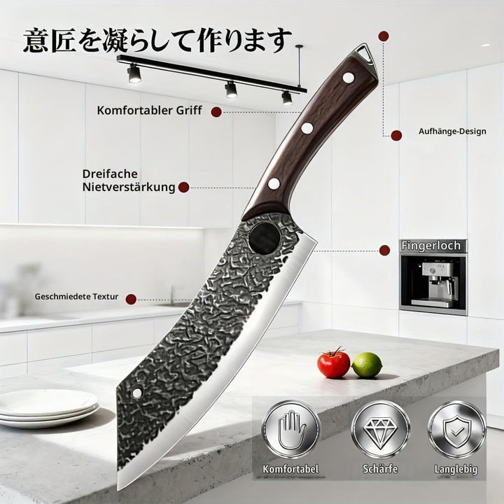 3-Piece Hand-Forged Kitchen Knife Set with Leather Sheaths - Sharp Chef, Cleaver &amp; Boning Knives for