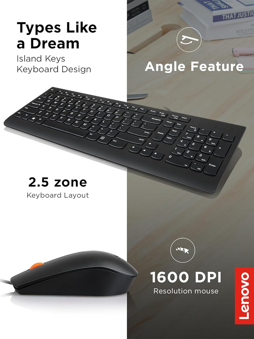 Lenovo 300 USB Combo, Full-Size Wired Tastatur & Maus, Ergonomische, Links- oder Rechtshänder, Optis