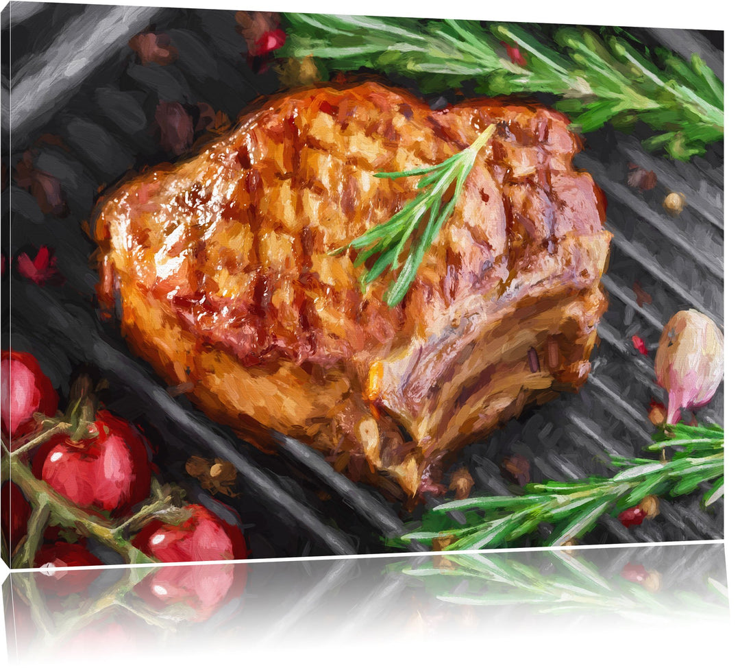 Pixxprint gegrilltes Steak mit Rosmarien garniert Pinsel Effekt, Format: 100x70 auf Leinwand, XXL ri