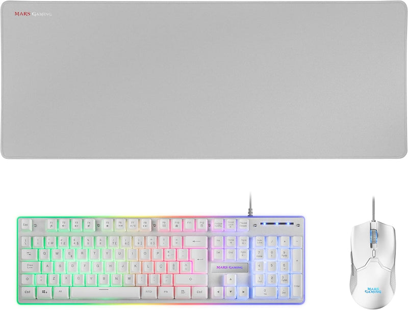 Mars Gaming MCPXWPT, Combo Tastatur H-Mech FRGB, Ultralight Maus 10000DPI & XXL Mousepad, Weiss, Por