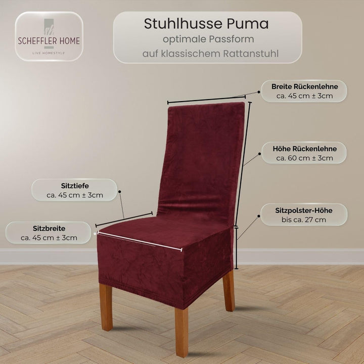 SCHEFFLER-Home Stretch Stuhlhussen Samt Puma Velvet/Velours Stuhlhussen Bordeaux 6er Set/Stuhlabdeck