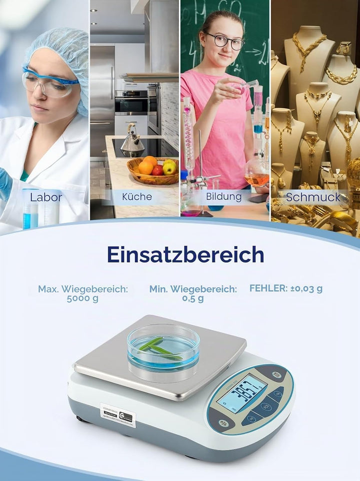CGOLDENWALL Digitale Laborwaage 5kgx0,1g Elektronische Präzisions-Analysewaage Schmuck Küche Industr