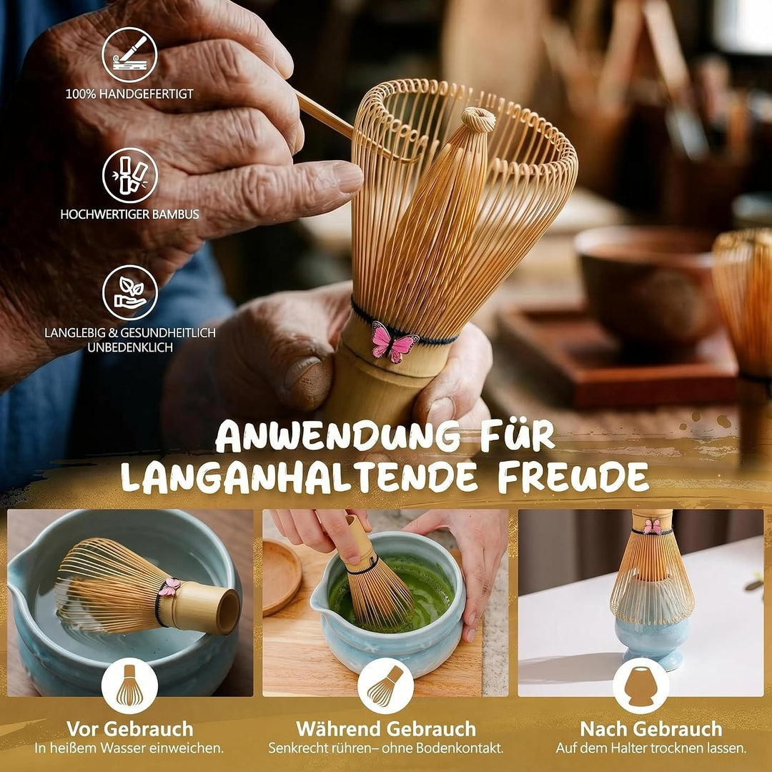 Matcha Set 8-Piece Premium Tea Ceremony Kit with Ceramic Bowl, 100+ Tines Bamboo Whisk (Chasen), Hol