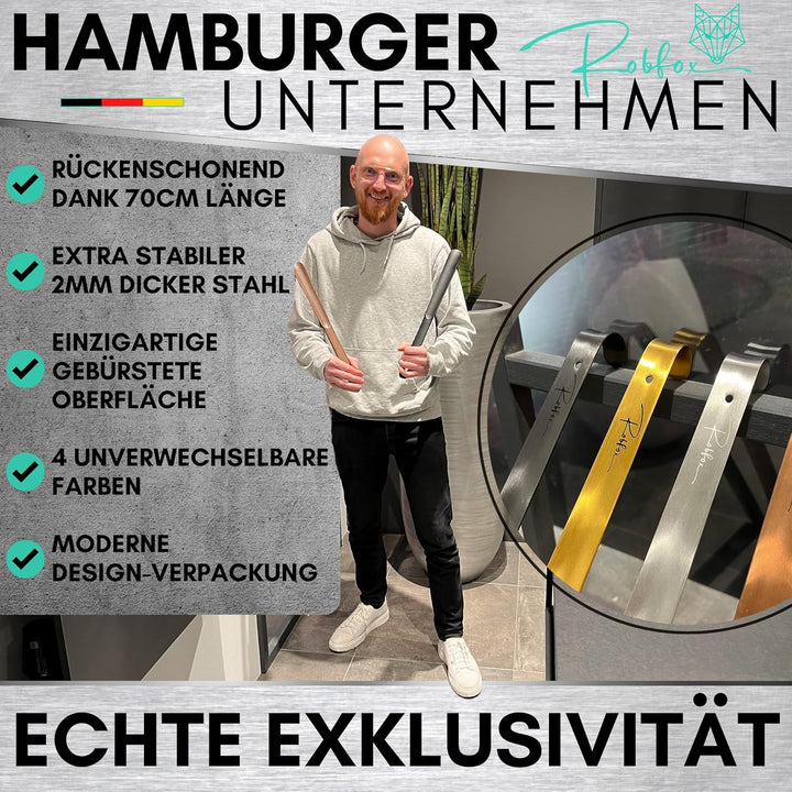 Robfox 70cm Schuhlöffel I extra stabiler Schuhanzieher aus gebürstetem Stahl I lange Schuhanziehhilf
