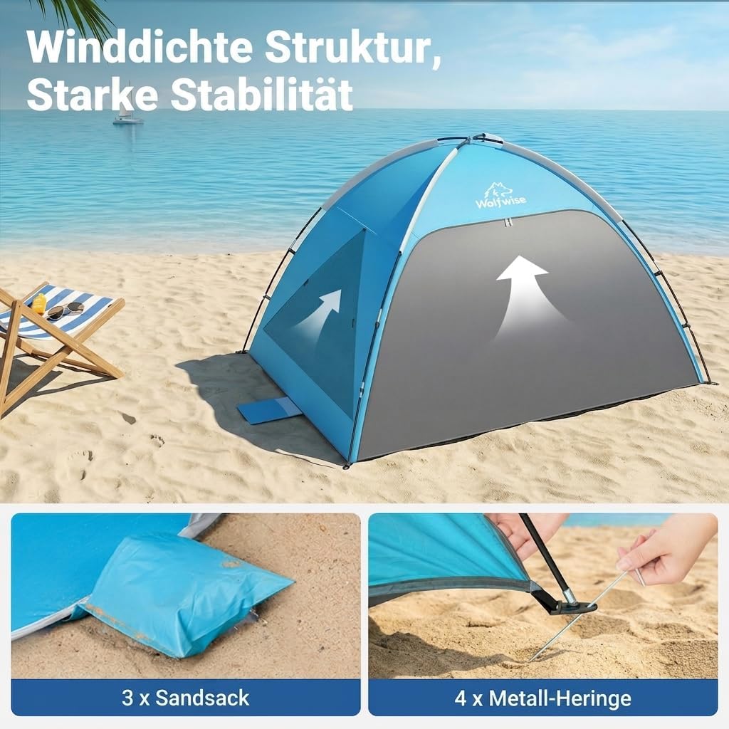Wolfwise Strandmuschel UV Schutz, 3 Belüftungsfenster & Tragetasche, Strand Zelt mit erweiterbarem B