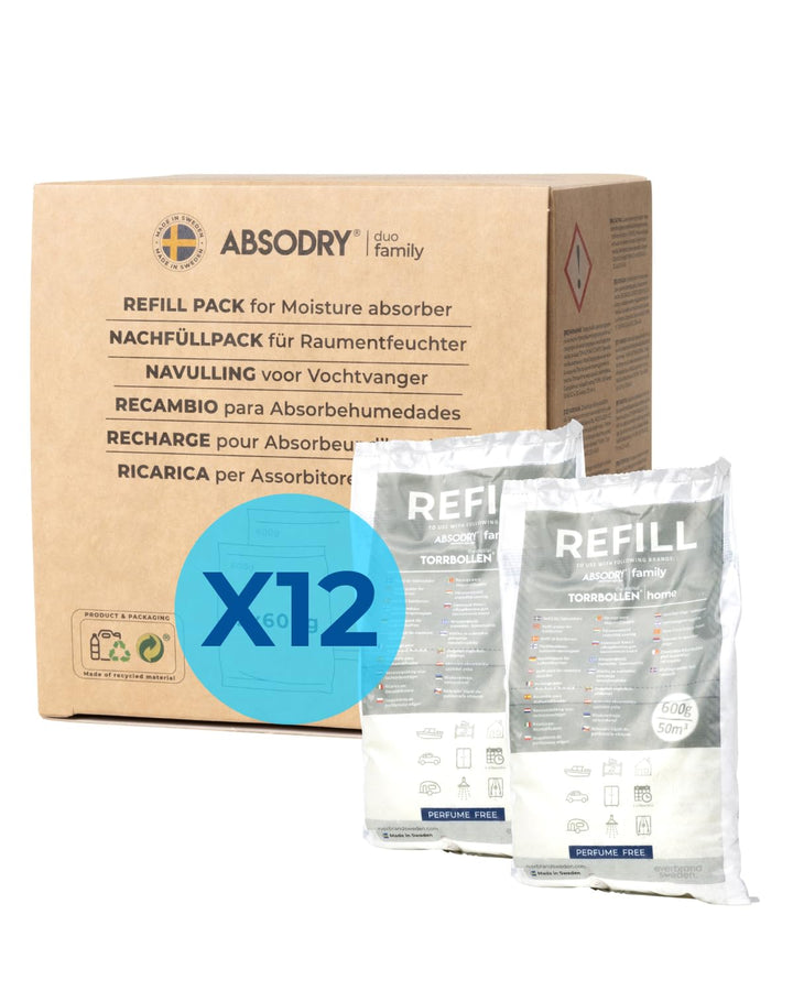 AbsoDry - Luftentfeuchter Nachfüllpack 12x600g - AbsoDry kompatibel - Verhindert Geruch & bindet Feu