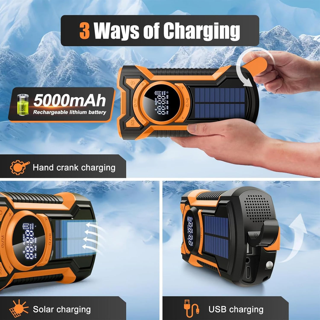 Notfall Radio mit Handkurbel, 5000mAh Batterie Kurbelradio mit Bluetooth-Lautsprecher, Solar Ladeger