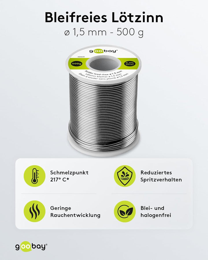 Goobay 40849 Lötzinn bleifrei ø 1,5mm Lötdraht mit Flussmittel, 0.3 % Silber & 0.7 % Kupfer, 217 °C