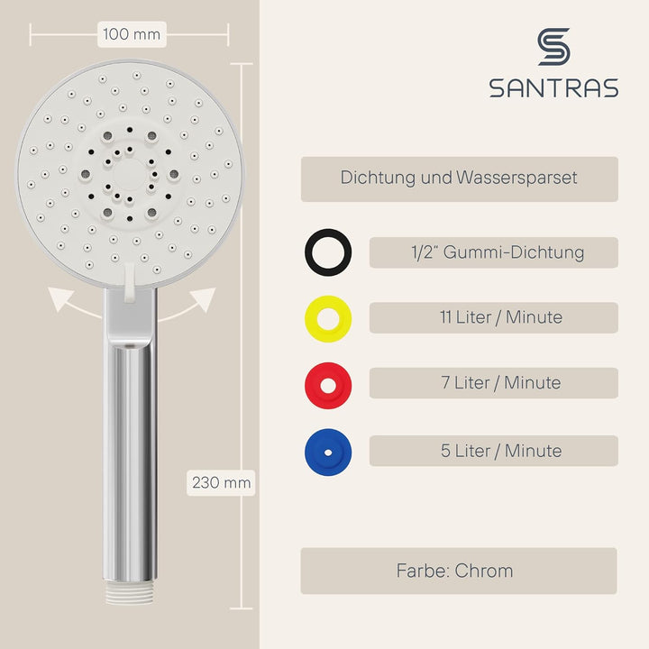 SANTRAS® Handbrause PLATINUM mit fünffach verstellbaren Duschkopf mit Wassersparer in Chrom – Brause