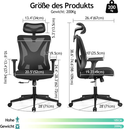 KERDOM Bürostuhl, Ergonomischer Schreibtischstuhl mit Verstellbarer Kopfstütze und Lendenwirbelstütz