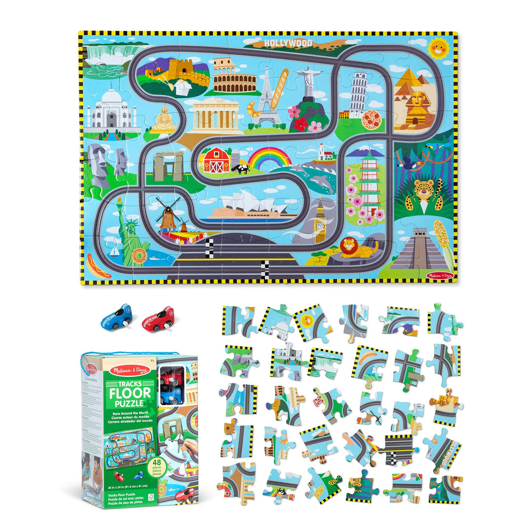Melissa & Doug Bodenpuzzle Autorennen Rund um die Welt inkl. 2 Spielautos | 50-teilig| 91,4 x 68 cm