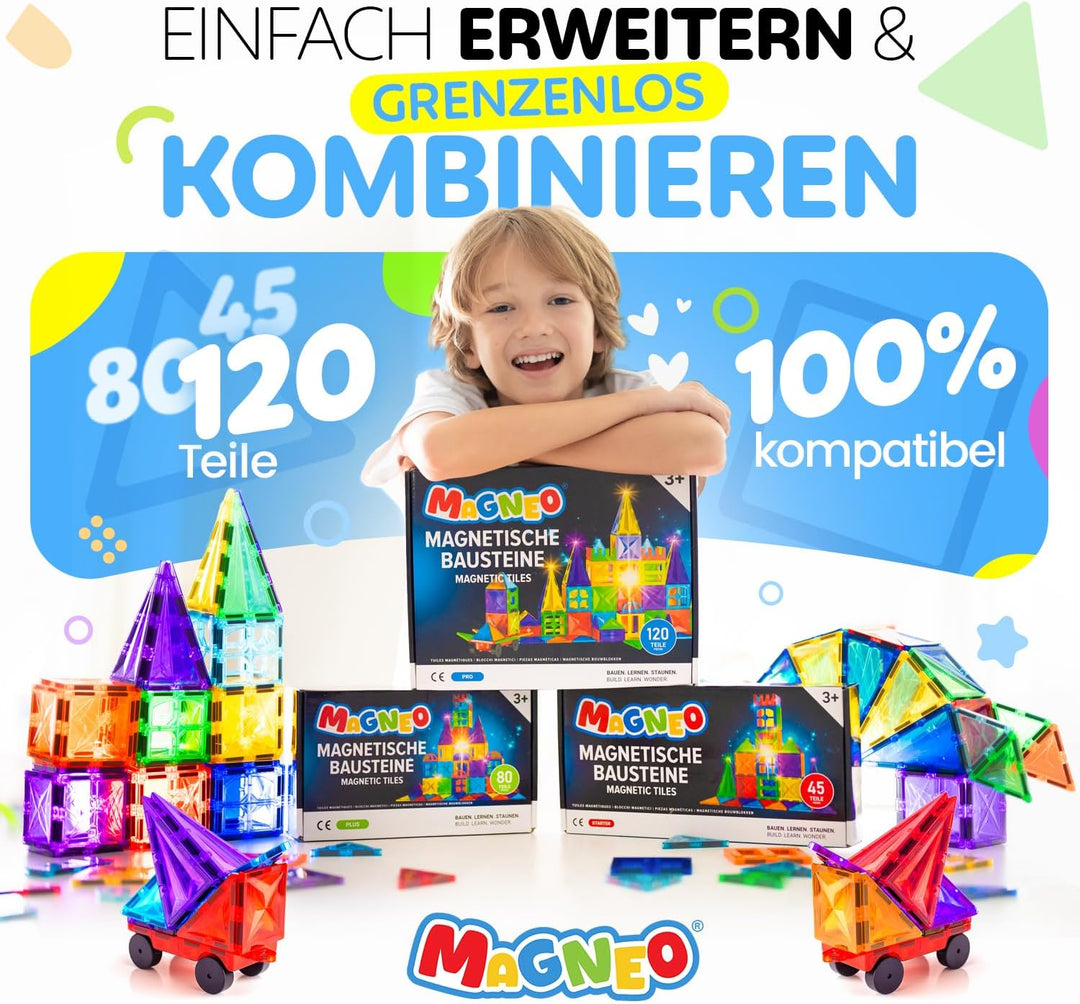 Magneo® Magnetische Bausteine (80 teilig) - Magnetbausteine für Kinder ab 3 Jahren - Pädagogisches M