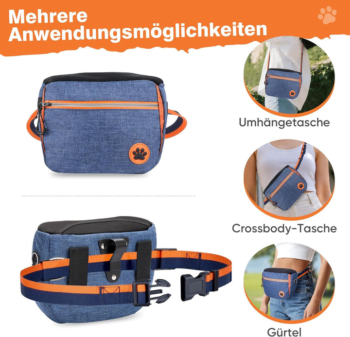 Leckerlitasche für Hunde mit wasserdichte Reflektorstreifen, Bauchtasche Hundetraining mit Metallsch