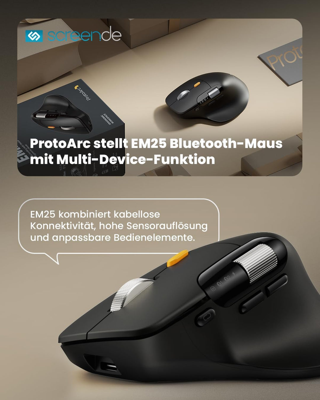 ProtoArc EM25 Ergonomische Maus mit Schnelles Scrollen, 2.4G Kabellos + 2*Bluetooth Wiederaufladbare