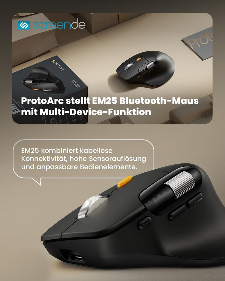 ProtoArc EM25 Ergonomische Maus mit Schnelles Scrollen, 2.4G Kabellos + 2*Bluetooth Wiederaufladbare