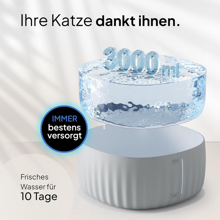 Katzenbrunnen Aqua Flow Pro [NEUEINFÜHRUNG] Super leiser, BPA-freier 3L Trinkbrunnen für Katze mit L