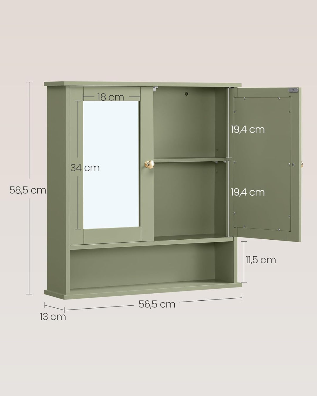 VASAGLE Spiegelschrank, Badschrank, Wandschrank, Hängeschrank mit 2 Spiegeltüren und offenem Fach, v
