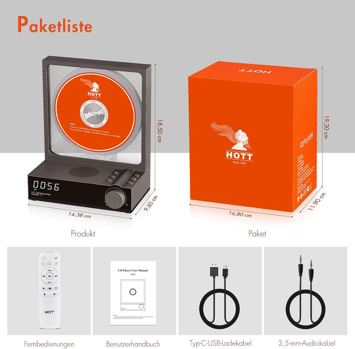 HOTT CD-Player Tragbar mit Fernbedienung, Bluetooth 5.3 Desktop CD Player mit RGB-Lichtern, Tragbare
