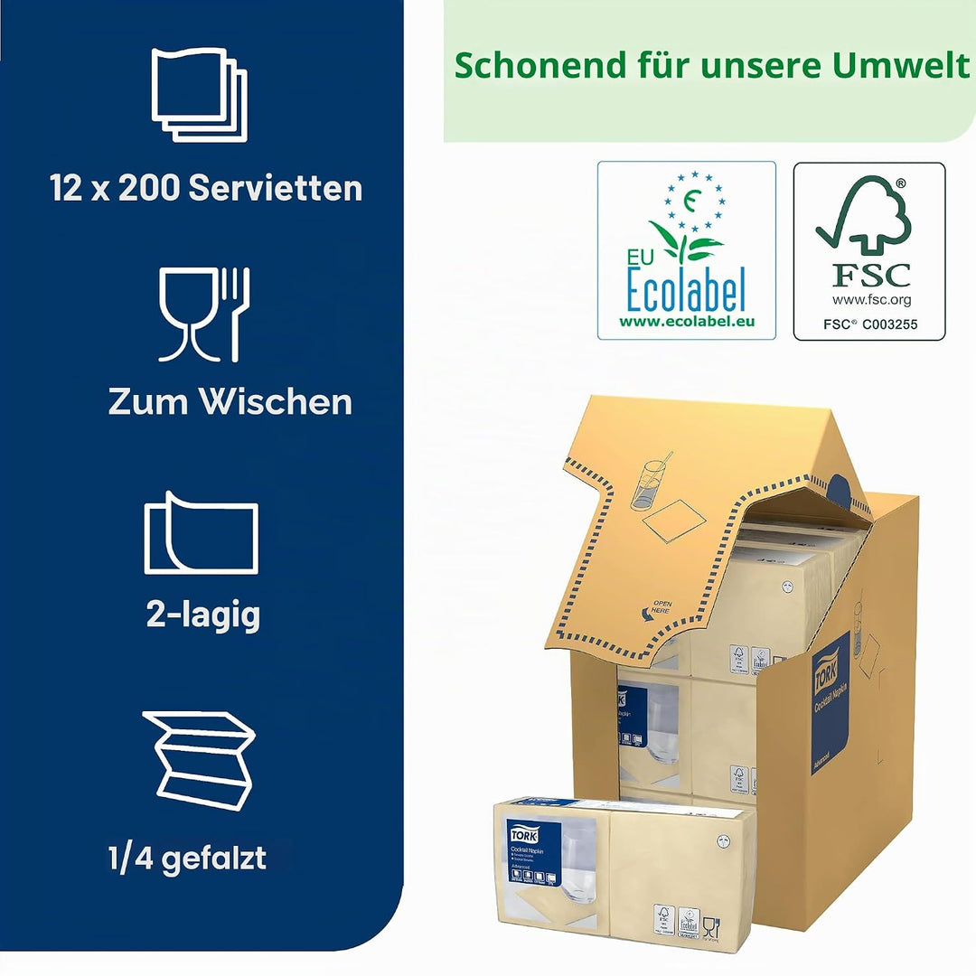 Tork Serviette Cocktail ivoire, pliage 1/4 2 plis, 24 cm x 24 cm, 12 x 200 serviettes, 477828 Sand 1