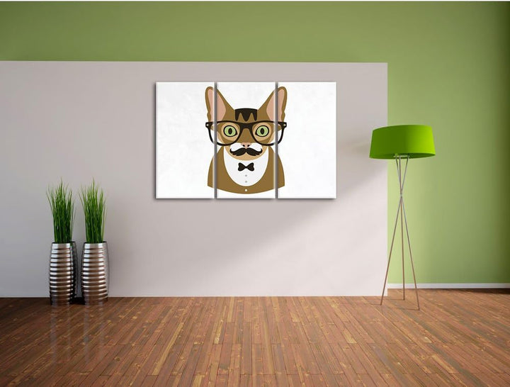 Pixxprint Hipster Katze mit Brille, Schnurbart und Fliege (Main Coon) weiss 3-Teiler Leinwandbild 12