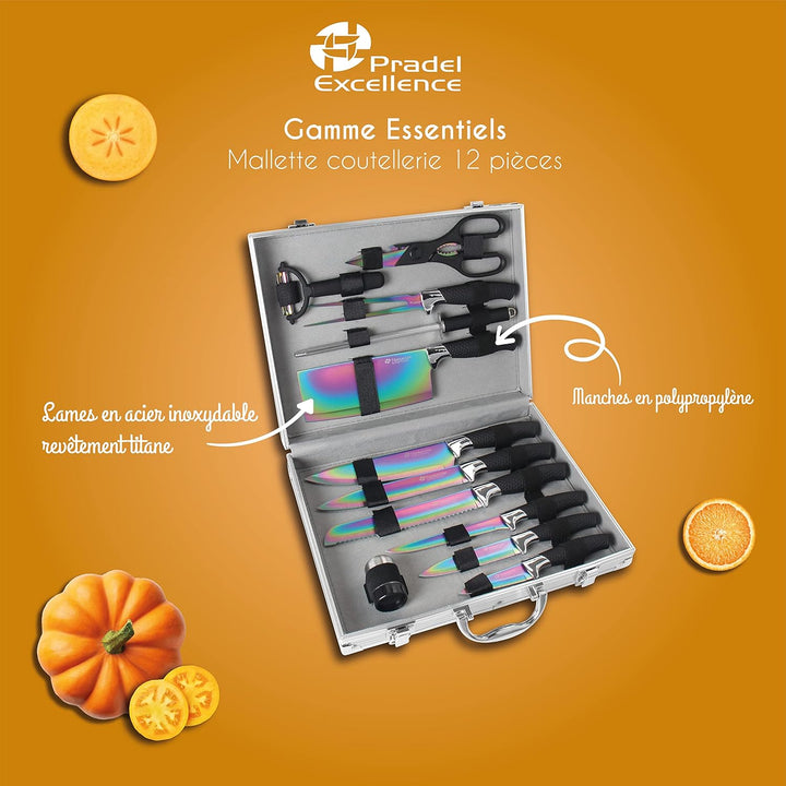 Pradel Excellence - PCOT001004 Messerkoffer, 12-teilig, Edelstahlklingen, Titanbeschichtung, Griffe