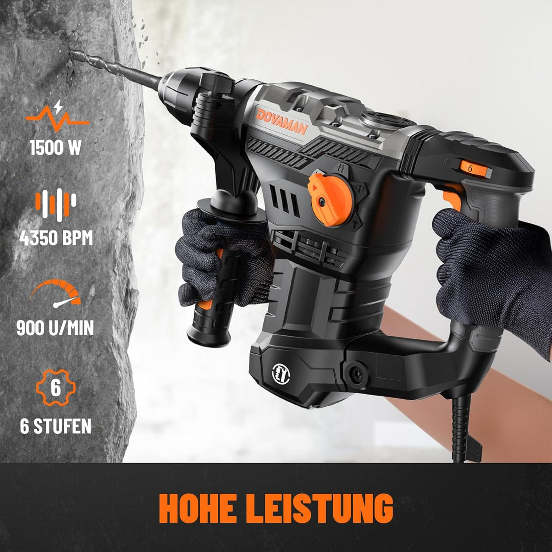 DOVAMAN RH15A 40MM Bohrhammer SDS-Plus, 4 in 1 Funktionen, Mehrmaterialnutzung, 1500W/7J, Sicherheit