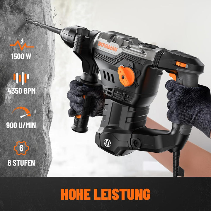 DOVAMAN RH15A 40MM Bohrhammer SDS-Plus, 4 in 1 Funktionen, Mehrmaterialnutzung, 1500W/7J, Sicherheit