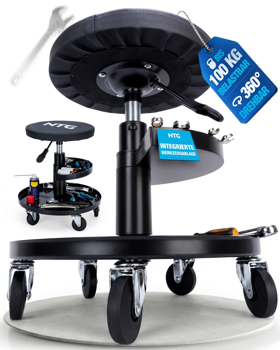 NTG Rollhocker höhenverstellbar 55 cm - Werkstatthocker 100 kg 5 Rollen | Drehhocker Montagehocker m