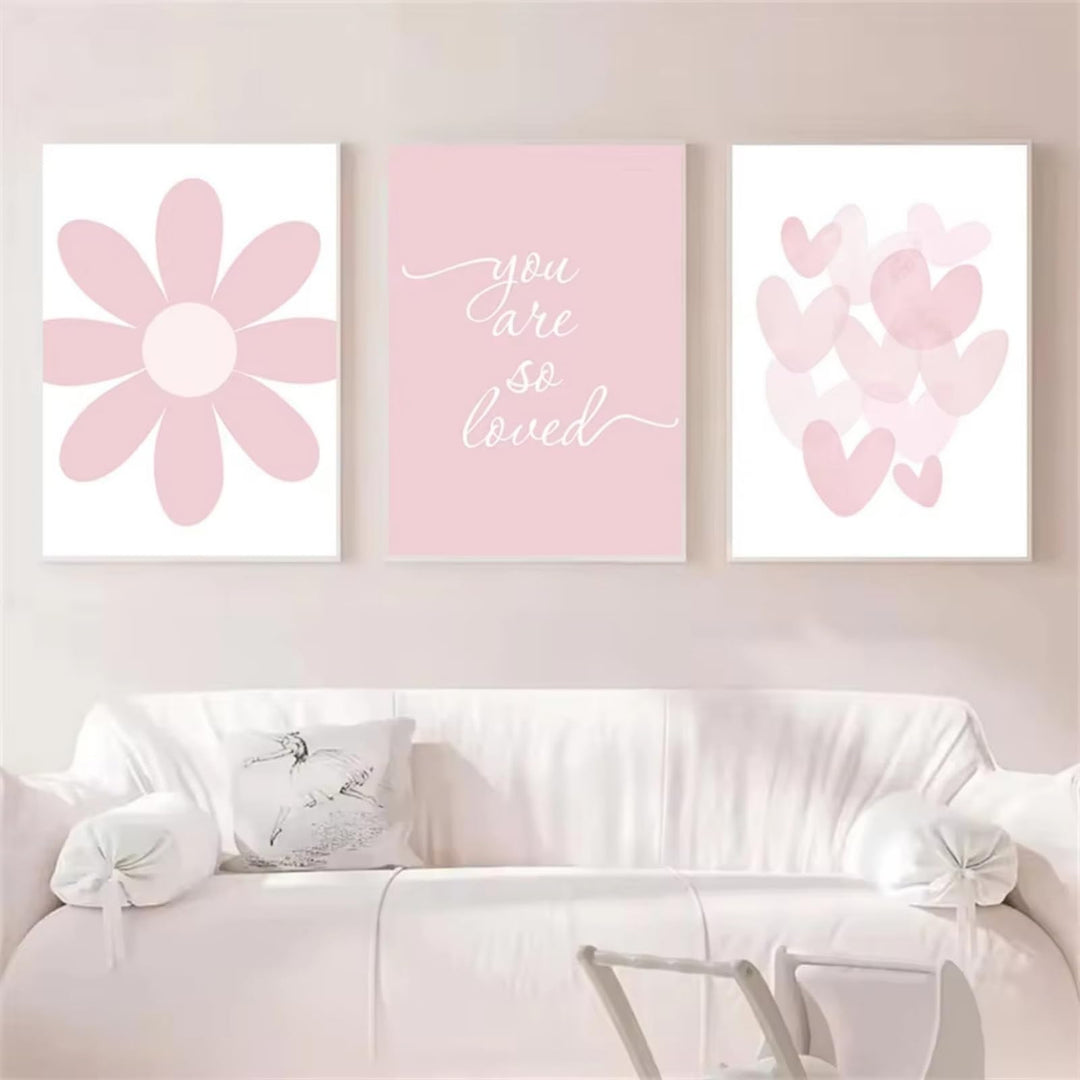 3er Rosa Poster Set, Modernes Aesthetic, Rosa Cartoon Liebe Herz Blume Wandbild, Geeignet für Wohn-