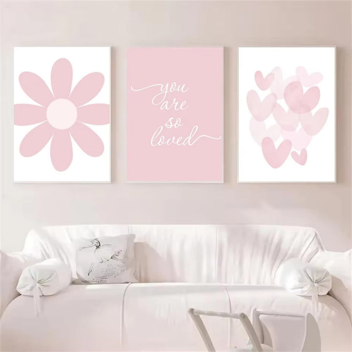 3er Rosa Poster Set, Modernes Aesthetic, Rosa Cartoon Liebe Herz Blume Wandbild, Geeignet für Wohn-