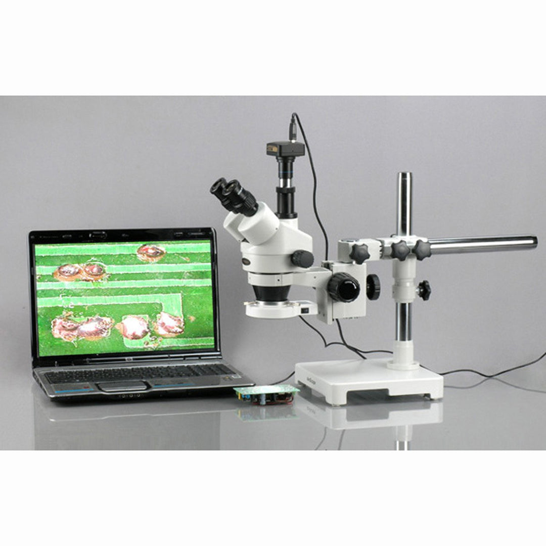 AmScope SM-3TY-54S Boom Ständer Trinokulares Zoom Stereomikroskop mit 54 LED-Licht, 7X-90X, Weiss
