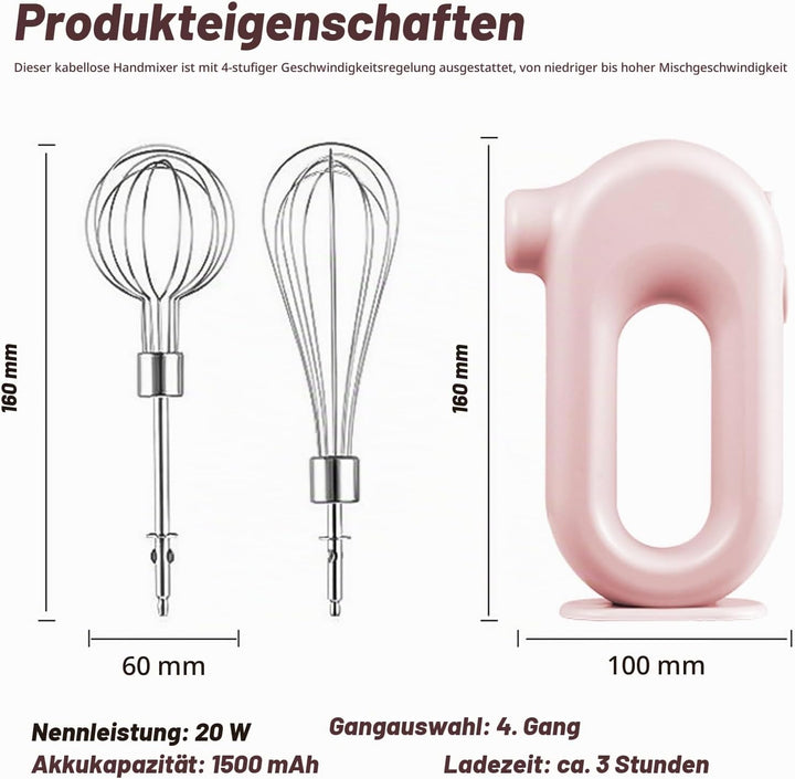 Elektrischer Handmixer: Rosa Handrührgerät mit 4 Stufen, Kabelloser Mixer Handrührer mit 2 Edelstahl