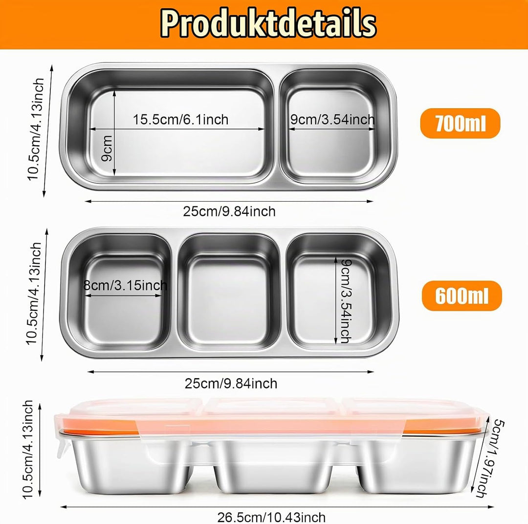 2 Stück Snackbox mit Fächern, Brotdose Kinder mit Fächern aus Edelstahl, Snackschale mit Deckel, Lec