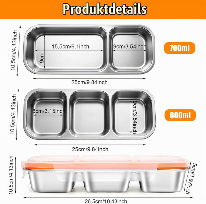 2 Stück Snackbox mit Fächern, Brotdose Kinder mit Fächern aus Edelstahl, Snackschale mit Deckel, Lec