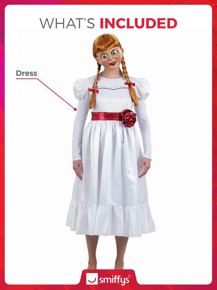 Smiffys Annabelle Kostüm für Erwachsene, Haunting White Dress with Flower Belt, Officially Licensed