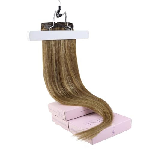 Fshine Clip In Haarverlängerungen Echtes Menschenhaar Mittelbraun und Karamellblond Highlights Clip