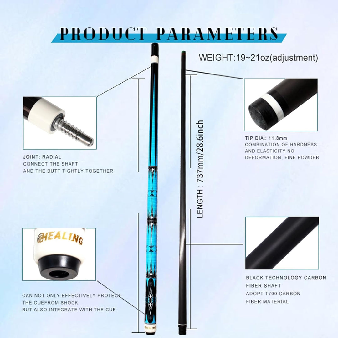 Billardqueue aus Kohlefaser, Spielqueue mit 11,8 mm Kopf, 1/2 Profi-Billardqueue, 147,7 cm mit 8-Zah