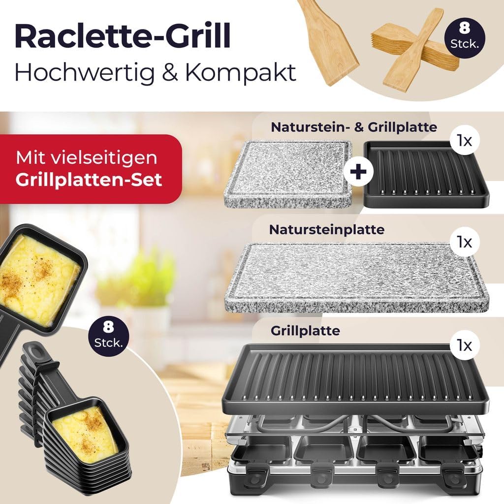 KESSER® Raclette-Grill mit Naturgrillstein, Grillplatte Tischgrill für 8 Personen, Elektrogrill Racl
