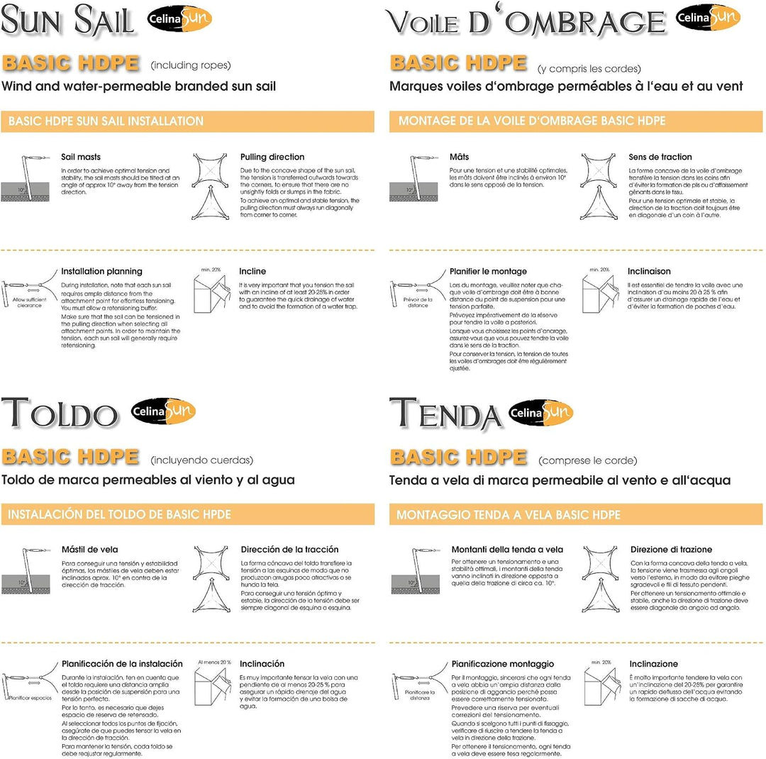 CelinaSun Sonnensegel inkl Befestigungsseile HDPE Basic Quadrat 2 x 2 m anthrazit Sonnenschutz atmun