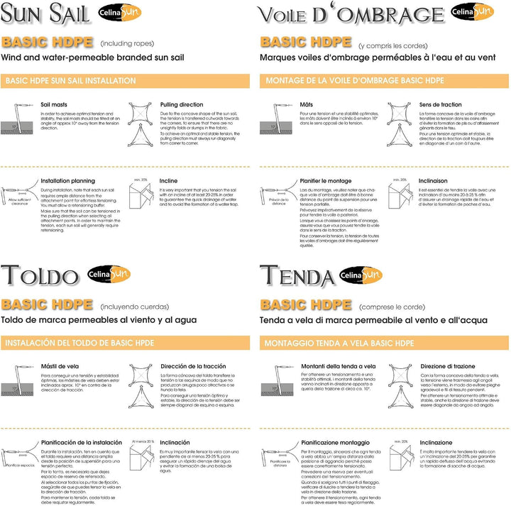 CelinaSun Sonnensegel inkl Befestigungsseile HDPE Basic Quadrat 2 x 2 m anthrazit Sonnenschutz atmun