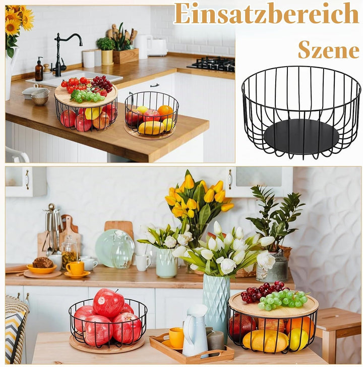 4 Stück Obstkorb Für Die Küchentheke Runder Obstkorb (4 Grösse) Mit Holzdeckel Küchenabfalleimer Für